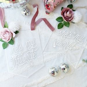 Flower Hanging Back of Chair Sign Bride and Groom